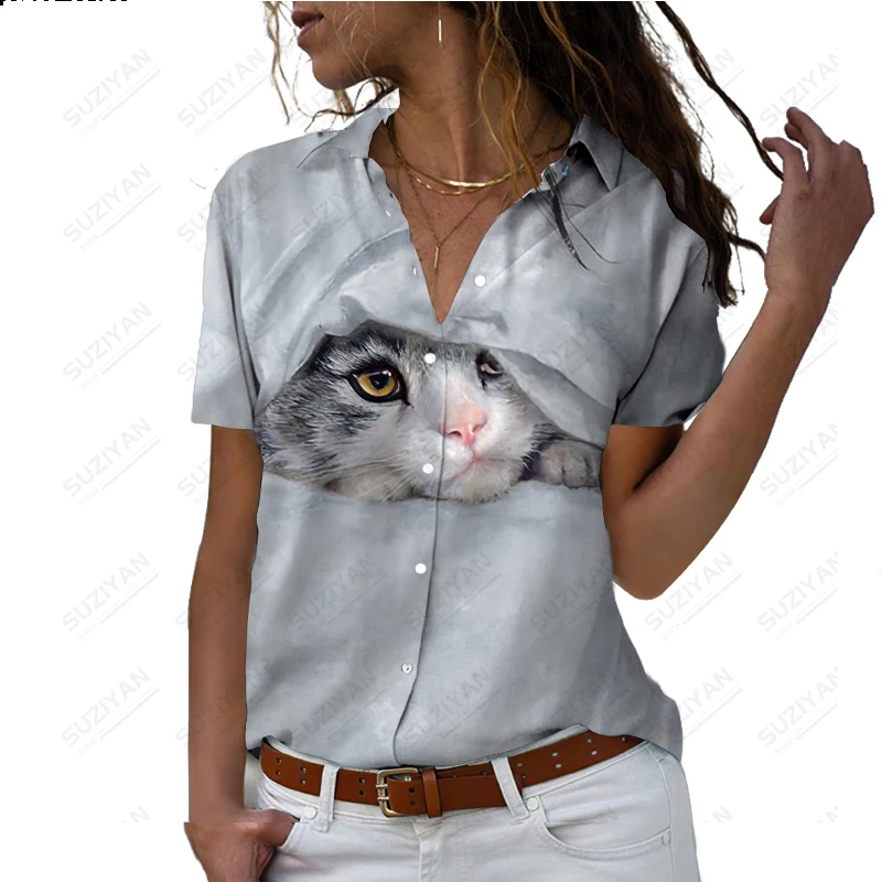 

2023 Women's Spring New Short Sleeve Shirt Cute Cat 3D Digital Print Women's Polo Collar Single breasted Loose Relaxed Top