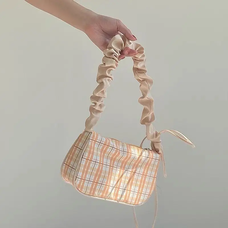 

Xiuya Plaid Print Handbags for Women Fashion Y2k Nylon Wrinkles Bag Yellow Versatile Casual Design Zipper Shoulder Bag Ladies