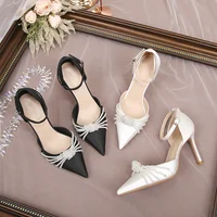 2025 New String Bead Pumps Pointed Thin Heels White Wedding Shoes Bridesmaid High Heels Sexy Satin Single Shoes - Image 6