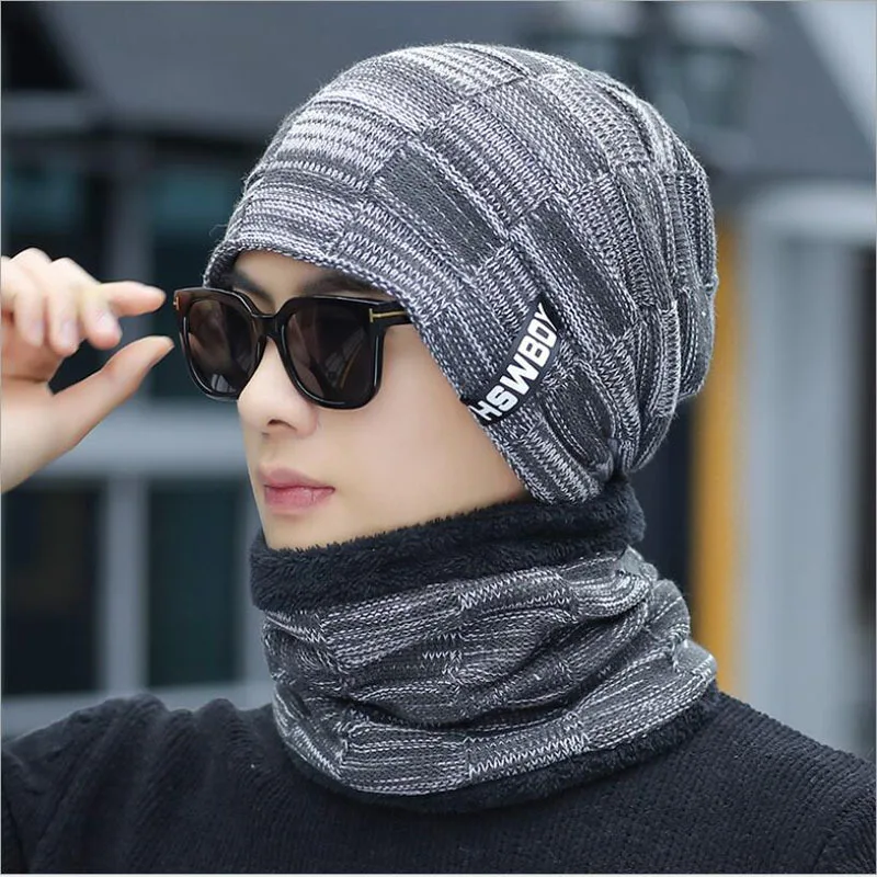 Winter Men Beanie Hat Scarf Set Knitted Warm Skullies Neck With Thicken Lined Male Scarf Cap Set