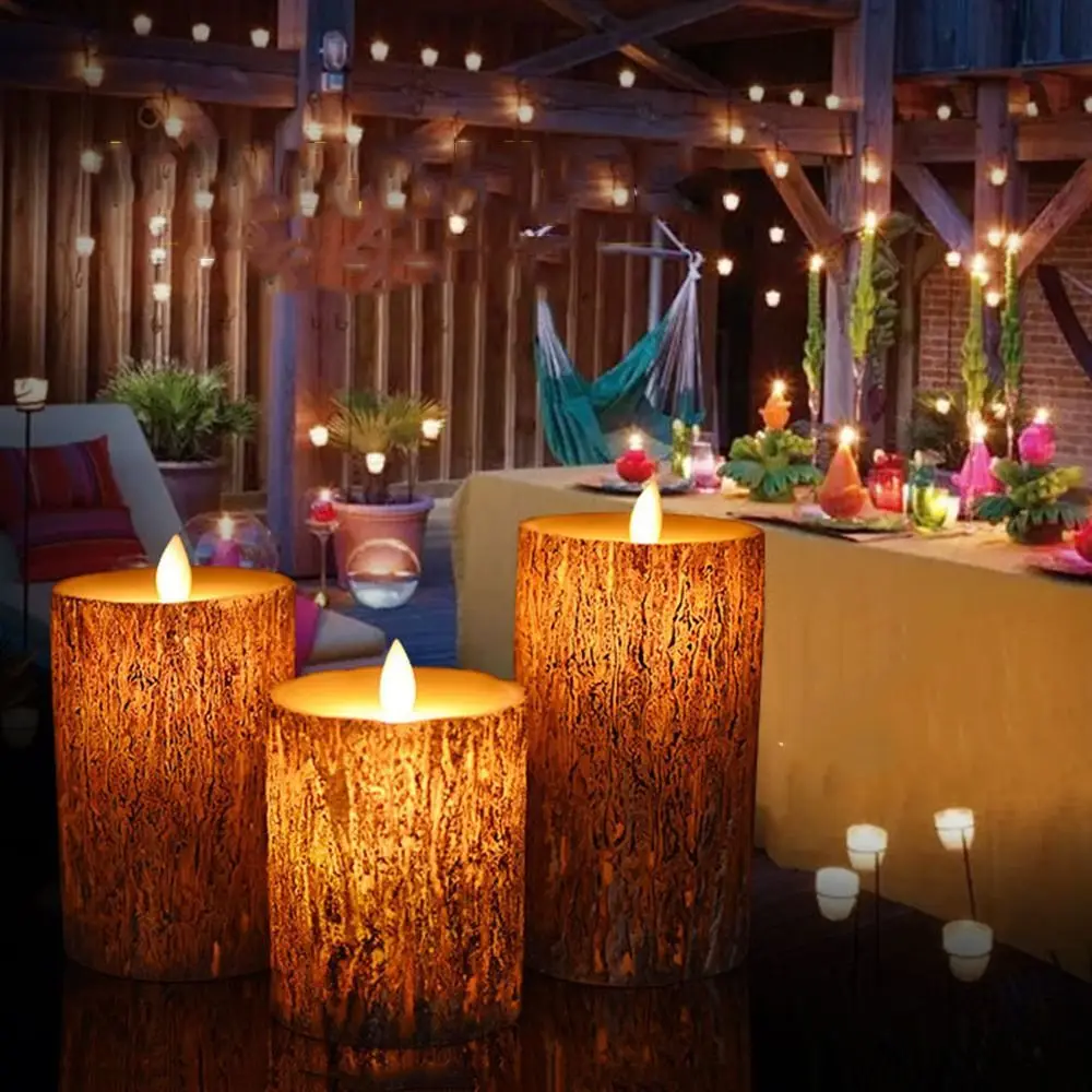 

Battery Operated Flameless Pillar Candles Flickering Pine Bark Effect Electric Decorative Light Cycling 24 Hours Timer Real Wax