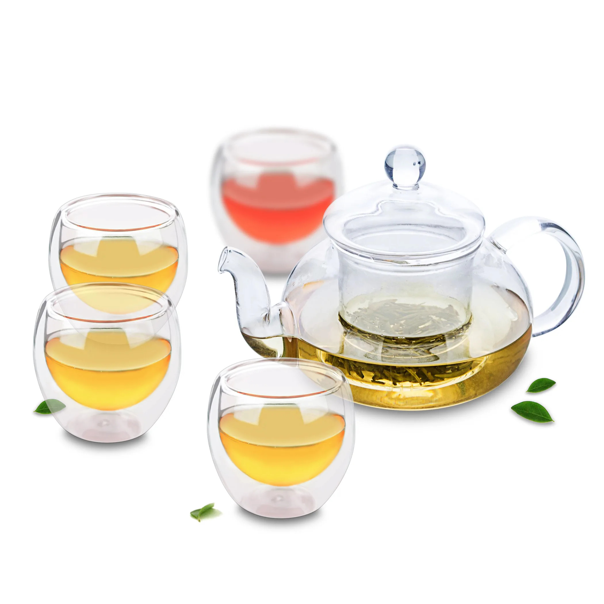 

1x Tea Set -680ml Heat Resistant Glass Flower Teapot with Glass infuser with Lid+4x 80ml Double Wall Tea Cups