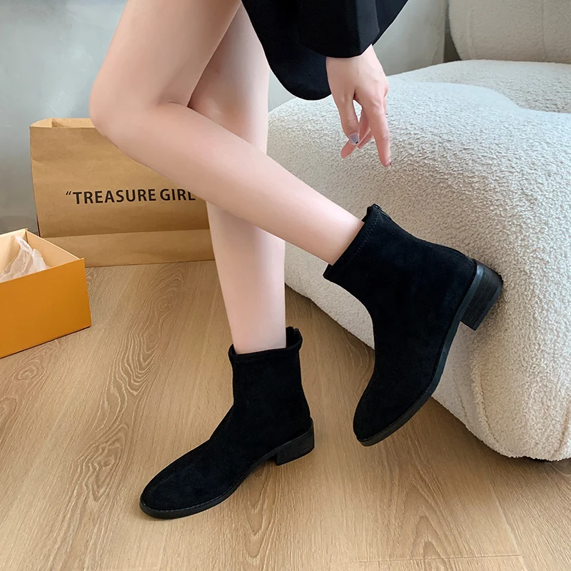 Aphixta Concise Ladies Cloth Ankle Boots 3cm Square Heel Pointed Toe Women Modern Boots Shoes For Woman Back Zipper Boats Size42
