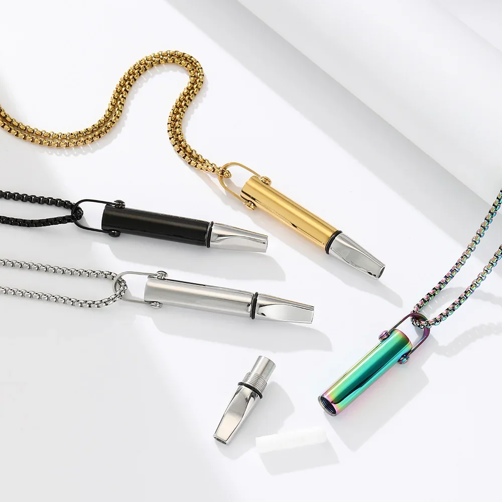 Collana con fischietto per ansia e stress in acciaio inox, color oro, per alleviare l'ansia, esercizi di respirazione, oro