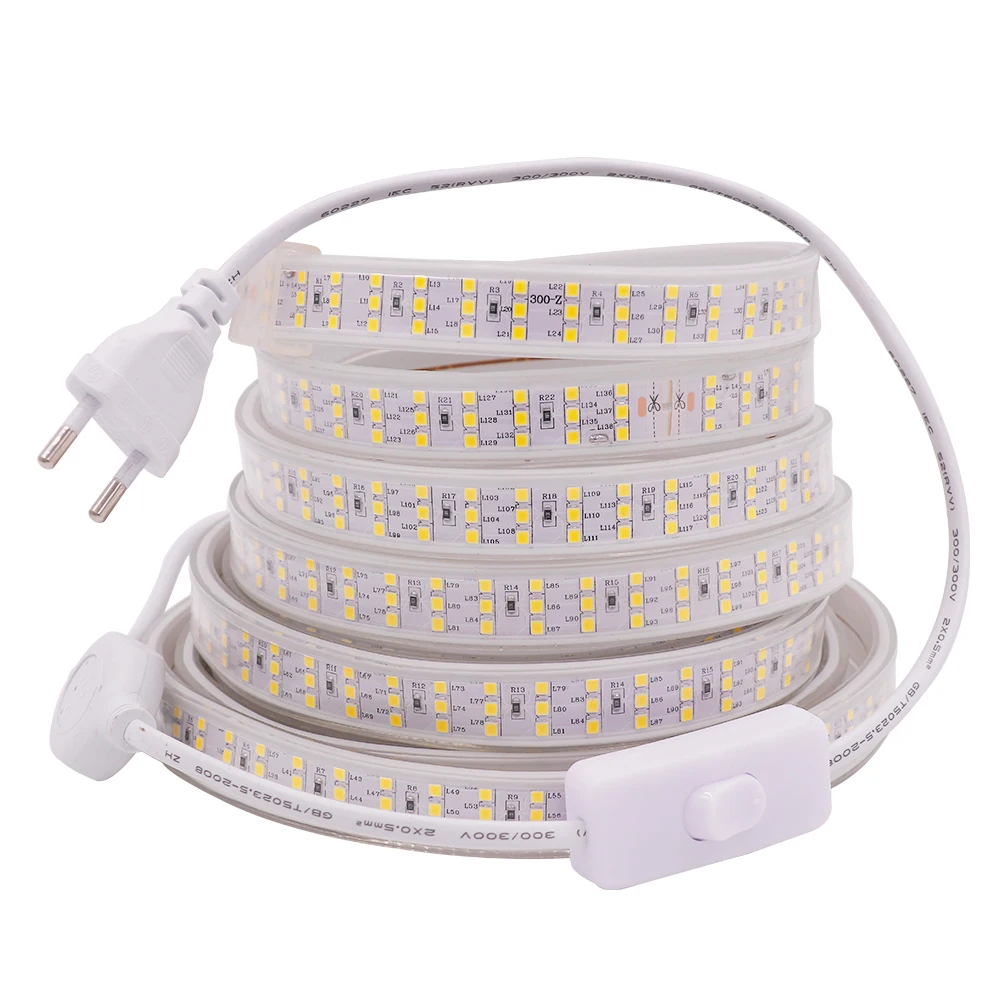 

High Brightness 276Leds SMD 2835 LED Strip Light AC 220V 110V Three Row Flexible LD Tape Light with Switch Waterproof LED Ribbon