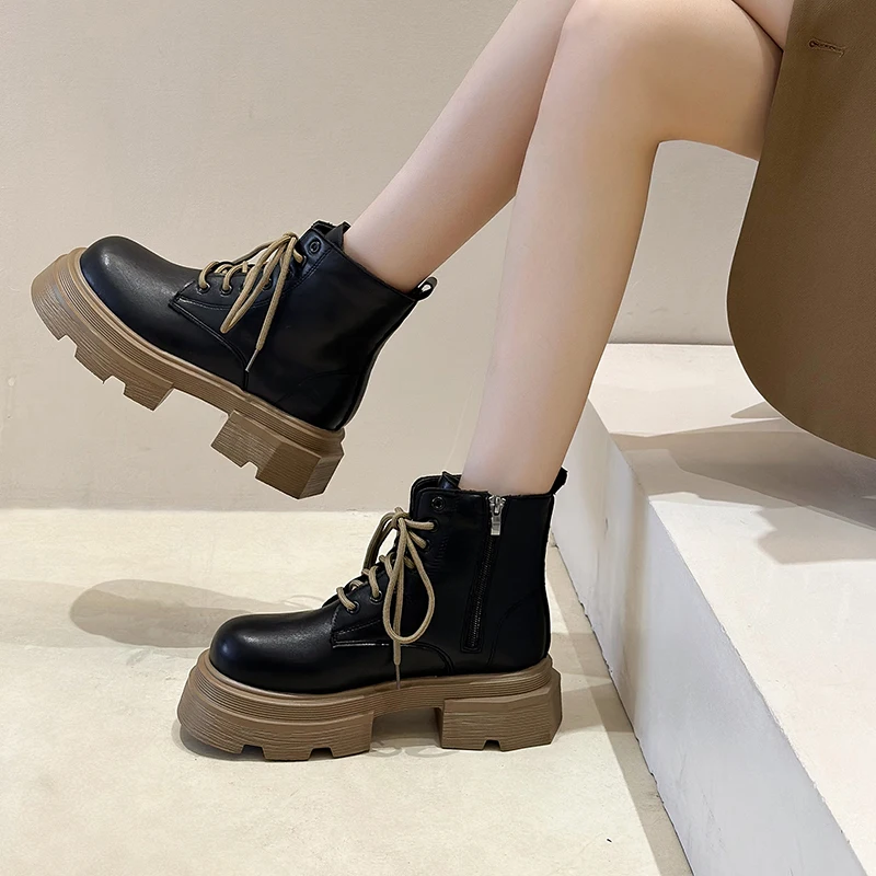 

Women's Sneakers Summer 2022 Shoes Platform New Thick Sole Fashion Heels Round Toe Lace-Up PU Basic Med Rubber Winter Cross-tied