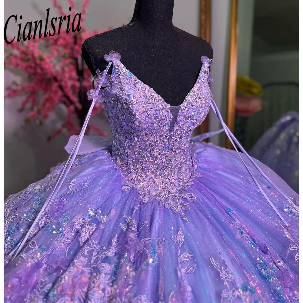 Lilac Sequined Appliques Lace Bow Ball Gown Quinceanera Dress Spaghetti Strap 3D Flowers Corset Vestidos De 15 Años