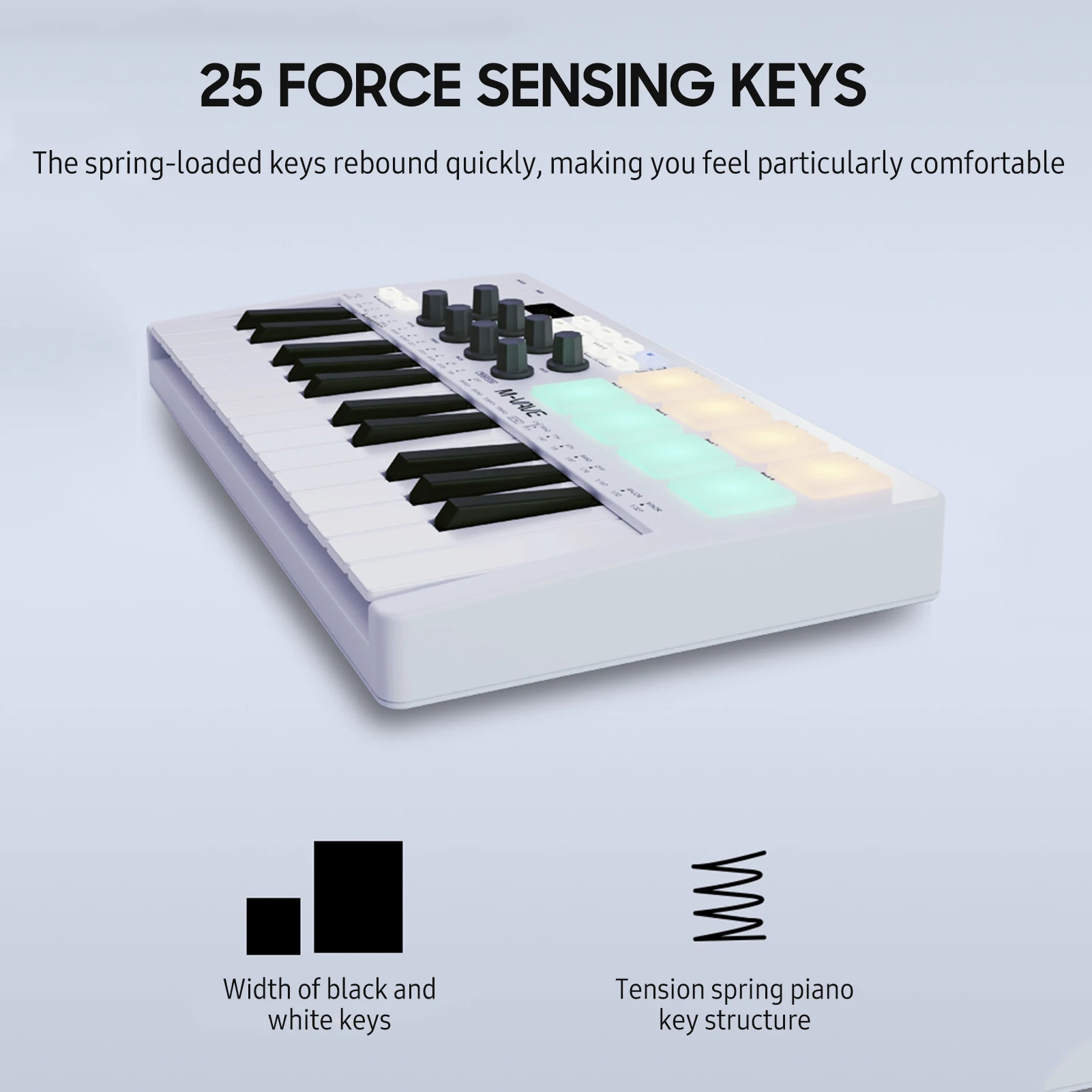 

M-VAVE 25-Key MIDI Keyboard Mini MIDI Controller with 25 Velocity Sensitive Keys 8 RGB Backlit Pads 8 Knobs USB BT Connection