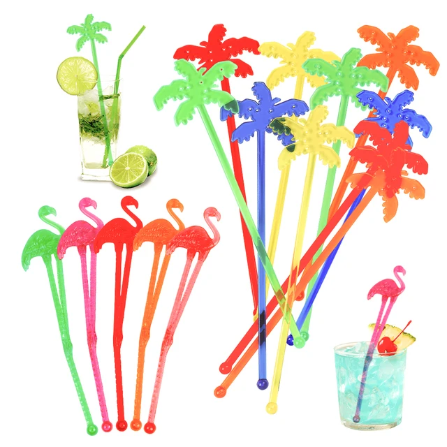 50-Pack Tropical Coconut Tree Swizzle Sticks - Colorful Plastic Drink Stirrers For Cocktails & Beverages