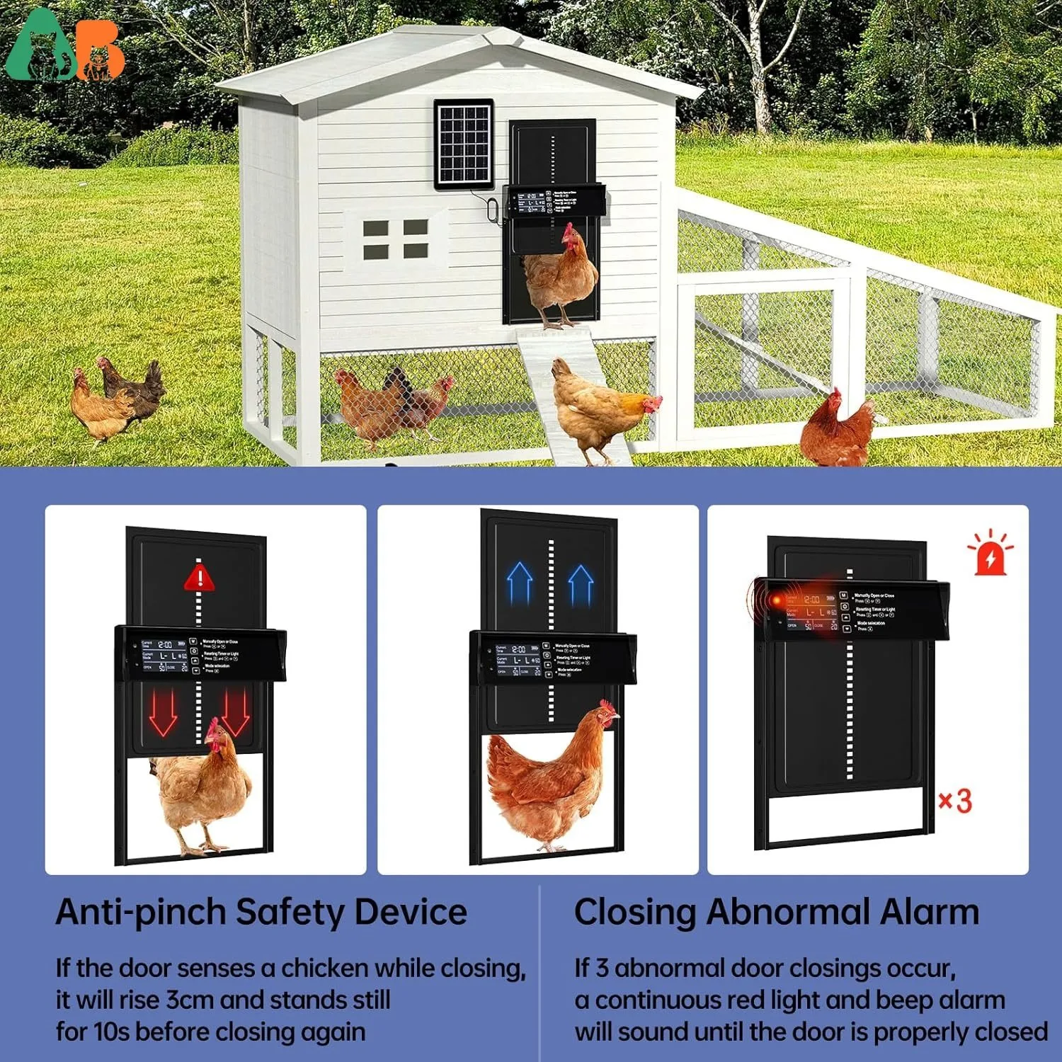 ATUBAN Solar Chicken Coop Door,Automatic Duck Door,Auto Poultry Door 4 Modes with Timer&Light Sensor,Anti-pinch&Alert,Waterproof