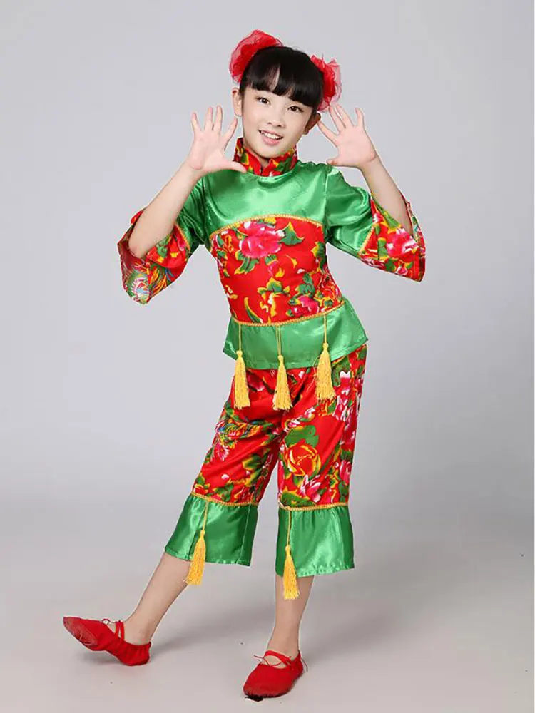 New Year Red Hanfu children's Girls Traditional Suit National Younger Style Clothing Fan Yangko Stage Dancing Clothes Costumes