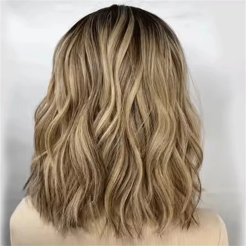 Synthetic Wig Natural Brown Rooted Honey Dirty Blonde Wig For Women Short Bob Lace Front Wigs Synthetic 13x4 Thick Density Wig on Net Topsale