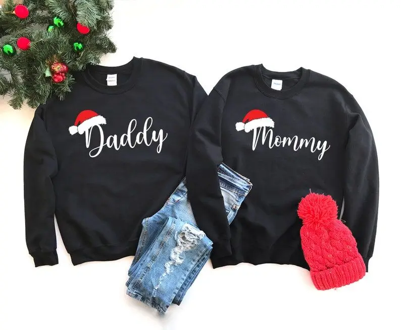 Christmas Family Sweatshirt, Santa Hat Sweater, Matching Long Sleeve Top Shirt Fashion 100% Cotton Sweatshirt top Drop Shipping