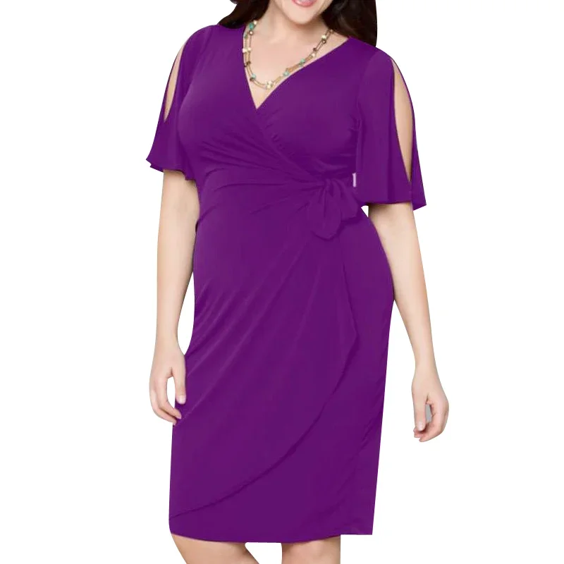 

Lady Fashion V-neck Loose Dress Women Sexy Solid Color Short Sleeve Hollow Out Mini Dresses