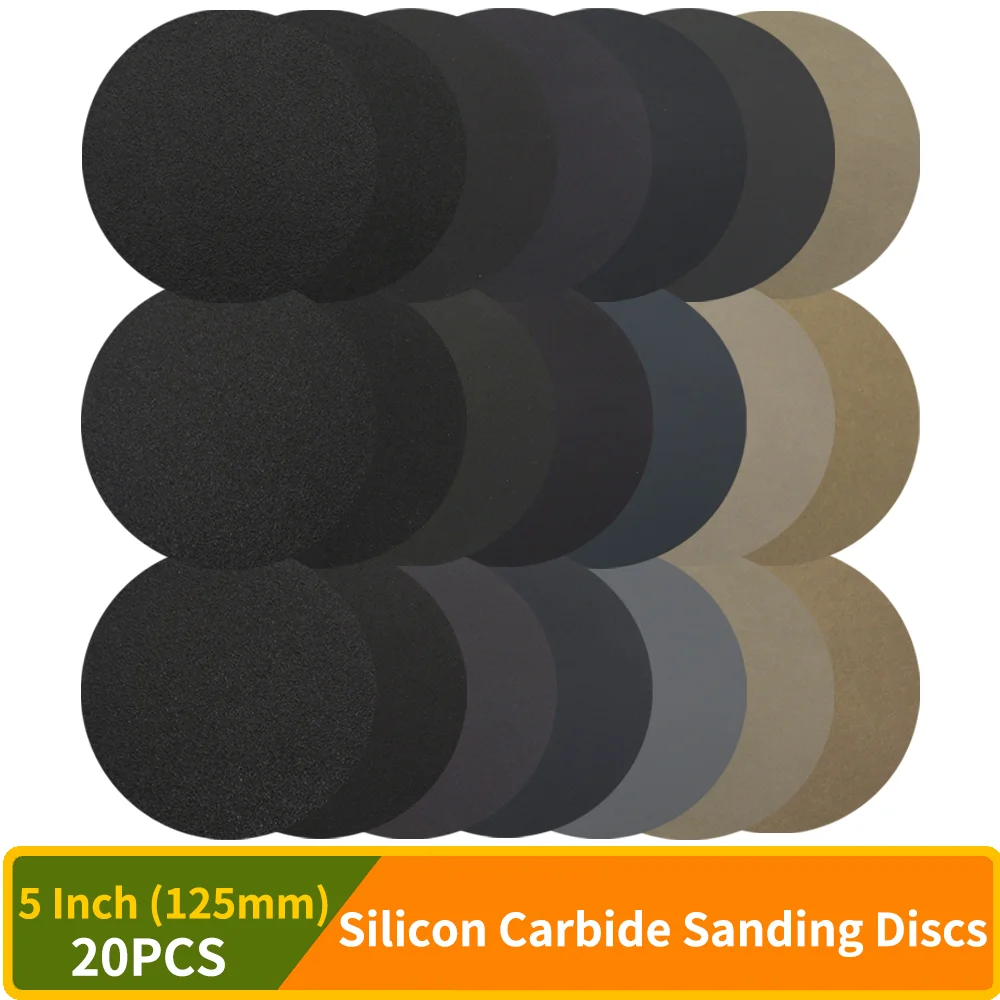 

20PCS 5 Inch Sanding Discs Hook & Loop 60-10000 Grit Wet Dry Silicon Carbide Round Flocking Sandpaper for Wood Metal Polishing