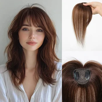 Dark Brown Remy Human Hair Topper with Air Bangs Fashion Straight Hair Toppers for Women Daily Use Clip in Hair  Extensions