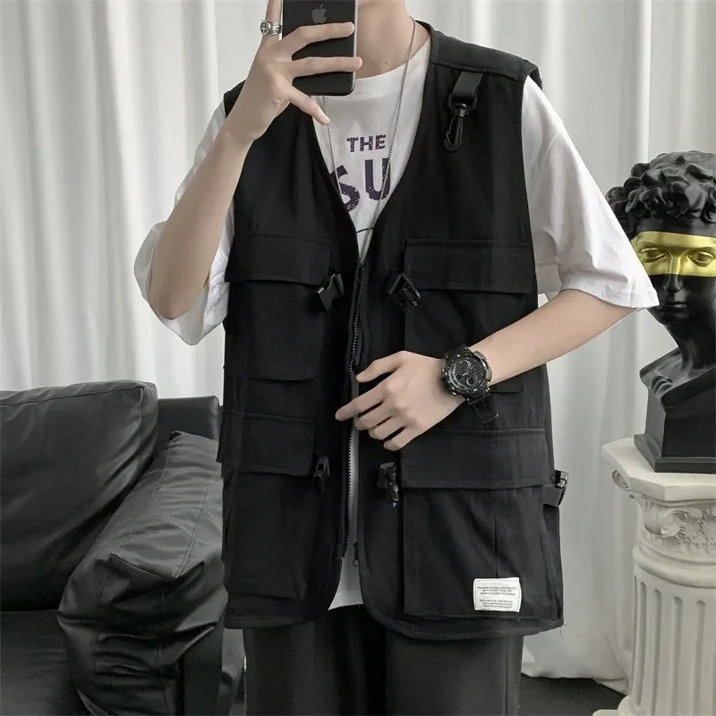 EBAIHUI Men's functional Tooling Vest Streetwear Hip Hop Sleeveless Jacket Gilet Military Multi-Pocket Outdoors Cargo Vest Coat