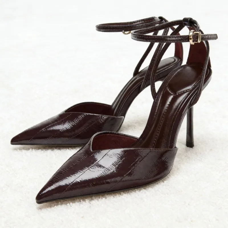 Designer Burgundy Red Ankle Strap Pumps - Side View