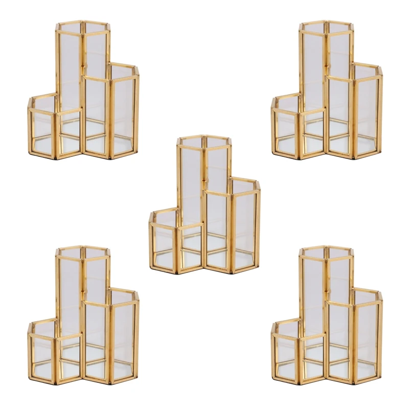 

5X Glass Copper Hexagon Composite Pen Holder Makeup Brush Glass Box Multifunction Desktop Organizer Office Accessories