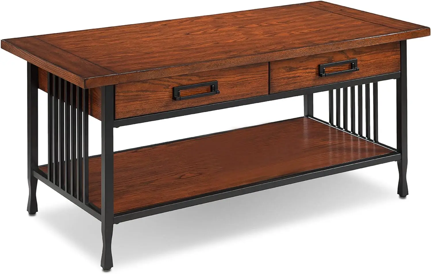 

Ironcraft Two Drawer Rustic Coffee Table with Shelf, Mission Oak and Black Center Table with Drawers