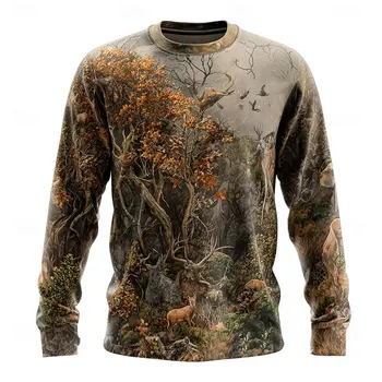 Manica lunga con stampa animalier mimetica da uomo, camicia girocollo con grafica 3D, Street Style all'aperto, top casual primavera estate per caccia da uomo