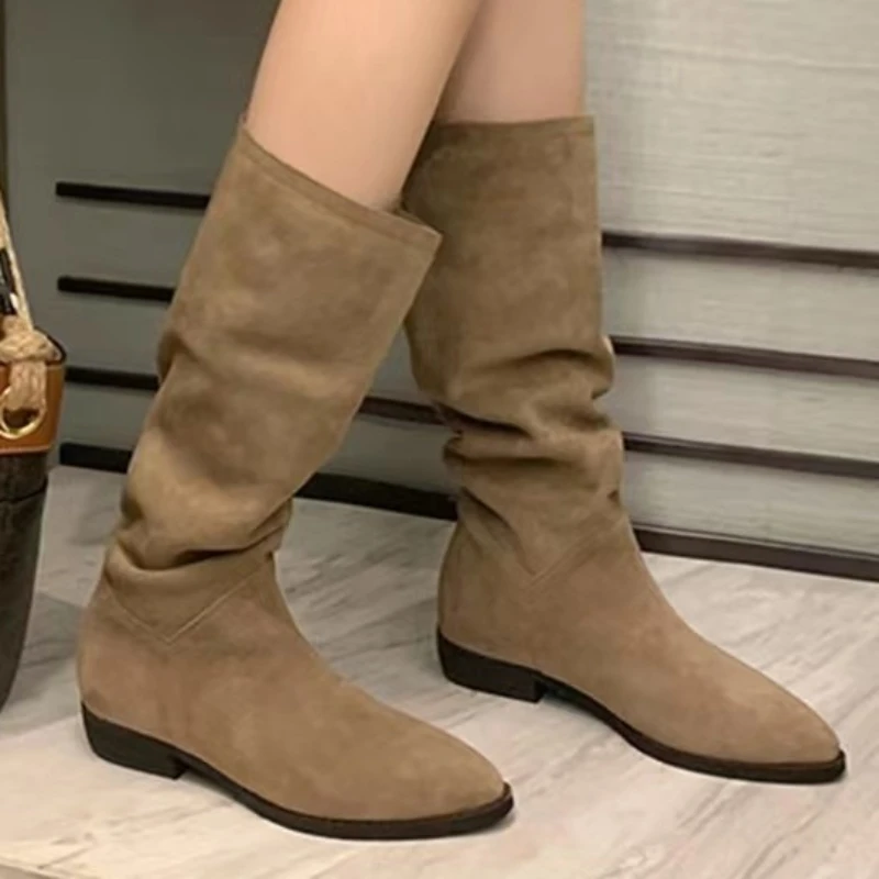 

2023 Fashion Women's Shoes Winter Pull on Knee-High Women's Boots Solid Color Pointed Toe Flock Chunky Heel Zapatillas De Mujer