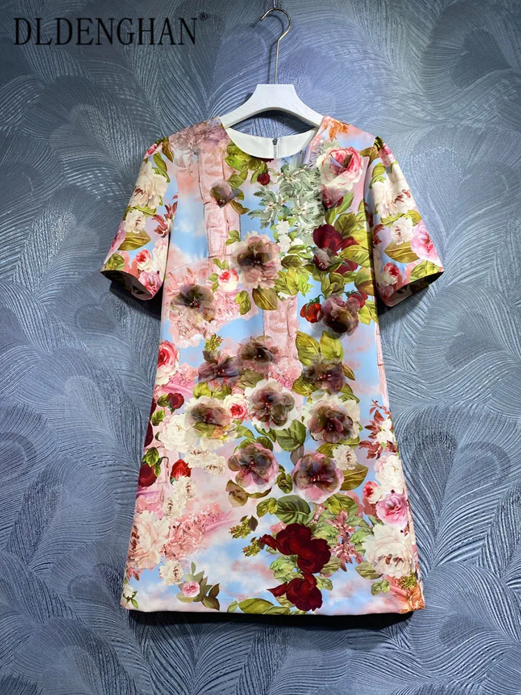 

DLDENGHAN Spring Summer Dress Women O-Neck Short Sleeve Beading Appliques Flowers Print Vintage Mini Dresses Fashion Runway New