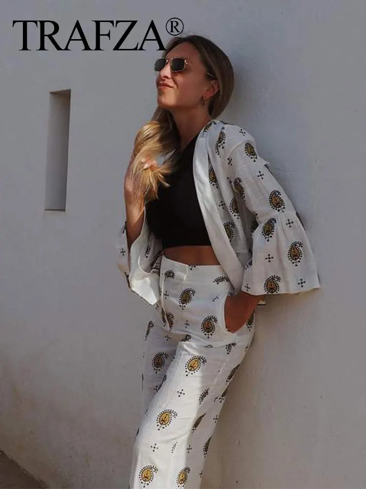 HH Women Embroidery Paisley Blouse Pant Sets Long Sleeve Cardigan Coat Straight Trousers Fashion Y2K High Street Sets