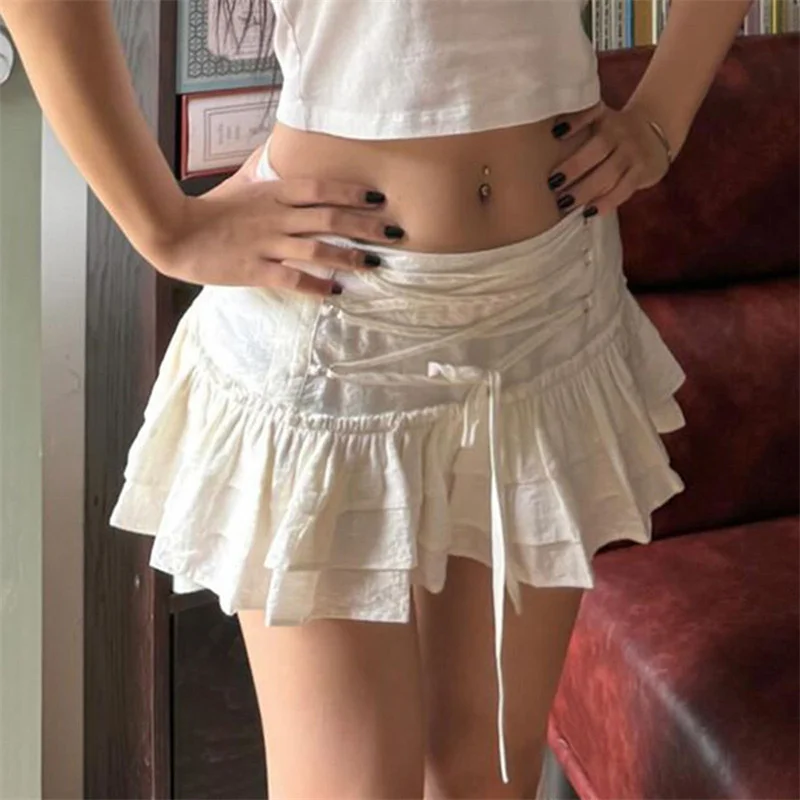 y2k Lolita Skirt 2000s Women Solid Color Cross Tie Up Low Waist A Line Pleated Mini Skirt Fairycore Skirts Streetwear