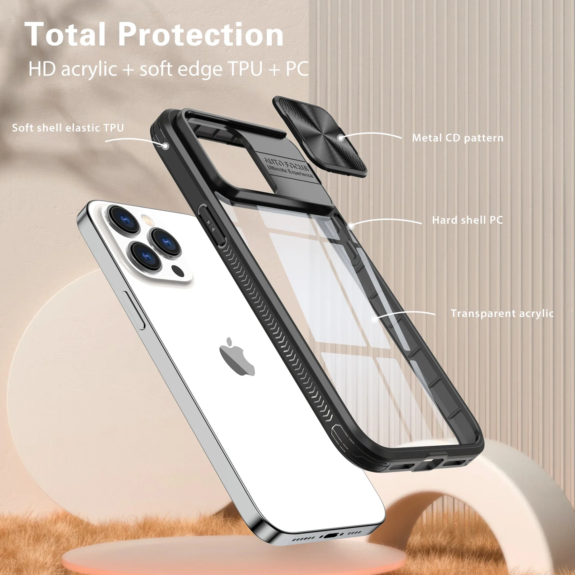 Luxury Slide Camera Cover with Lens Protection - Clear Case with Hard Bumper Design