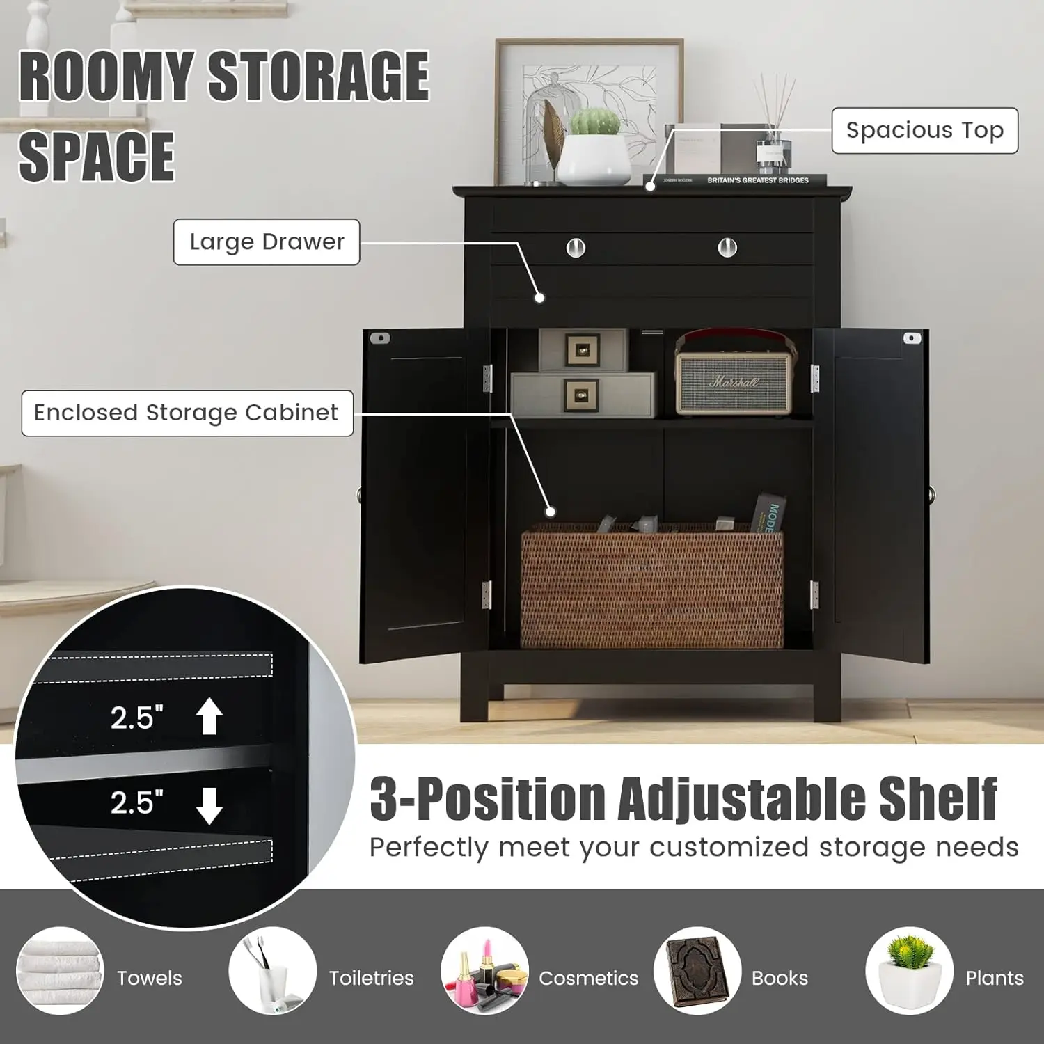 Bathroom Floor Cabinet, Wooden Side Storage Organizer w/Larger Drawer, Adjustable Shelf & 2-Door Cupboard,Freestanding Storage