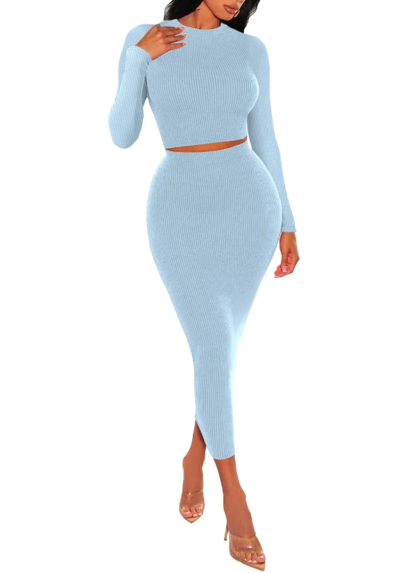 Two Piece Sets Women Outfit Autumn 2023 New Solid Color Long-Sleeved Skinny Top and Sexy Waist-Covering Hip Skirt Midi Skirt Set