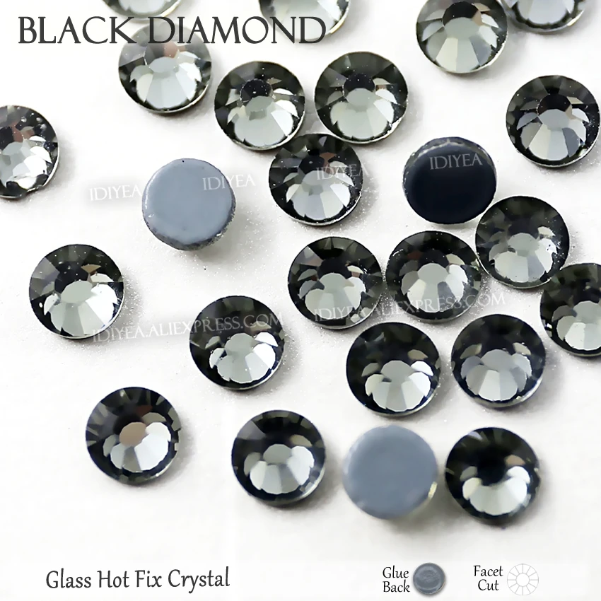 Schwarz Diamant hotfix strass kristall strass glitters flatback glas stein für DIY funkelnden hochzeit diamant kleid pailletten kunst