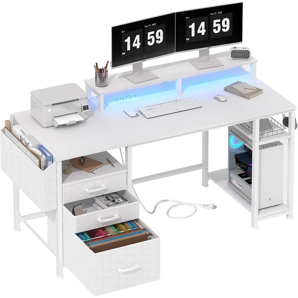 White Computer Desk with File Drawers Cabinet, Home Office Desk with Monitor Stand Shelves, Writing Study Gaming 2