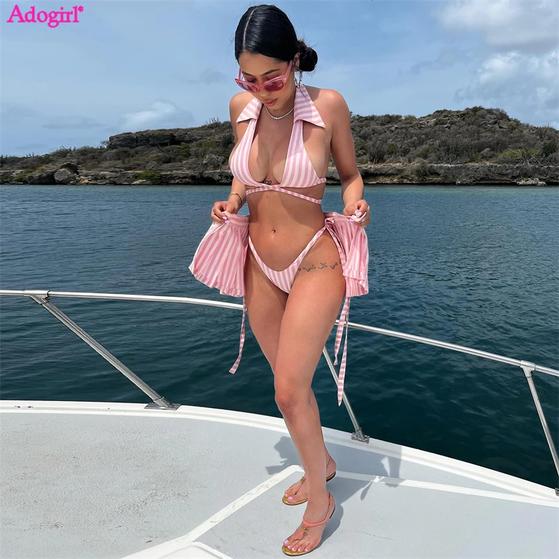

Комплект из 3 предметов Adogirl женский в полоску, пляжный костюм, рубашка с отложным воротником и шнуровкой, короткий топ, плиссированная мини-юбка, трусики