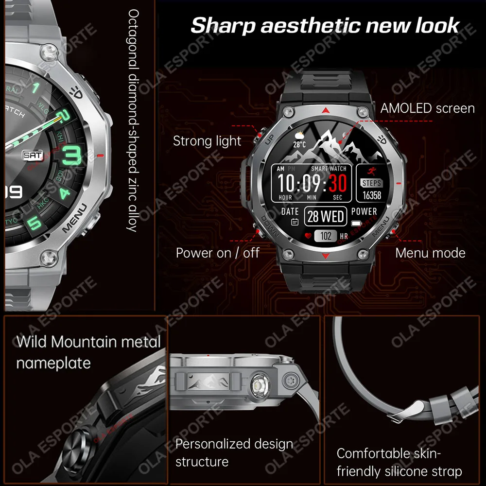 Military Smart Watch T-Rex 3 1.43" AMOLED Screen LED Flashlight 525mAh Large Capacity 5ATM Waterproof  Bluetooth Call Smartwatch