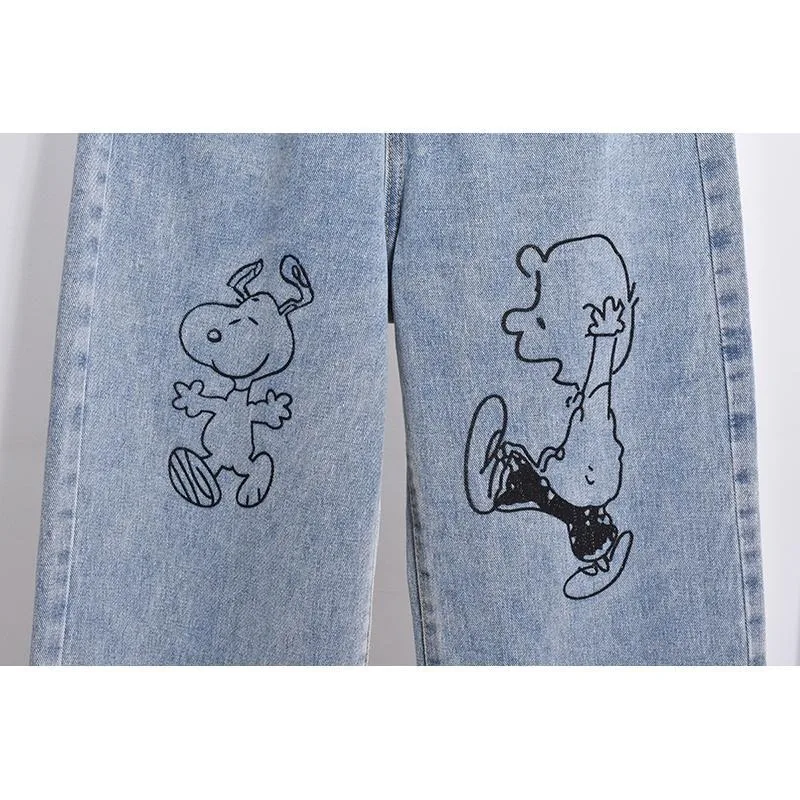 Kawaii Snoopy cartoon printed wide leg jeans for women autumn new