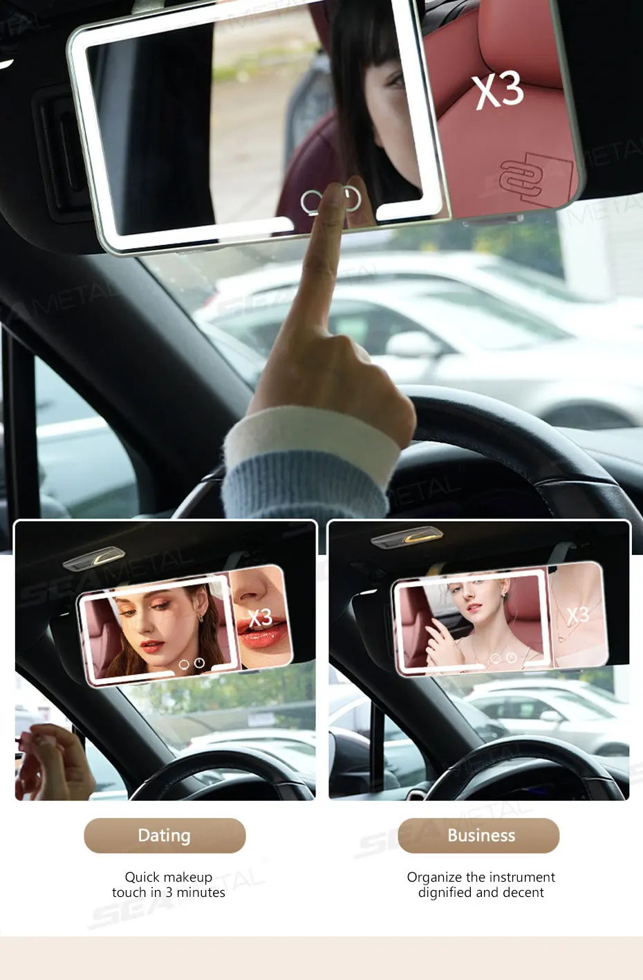 Espejo de maquillaje para automóvil con aumento 3x Espejo de tocador con visera táctil, espejo de maquillaje con carga de luz de relleno conmutable de 3 colores » Espejo de maquillaje para automóvil con aumento