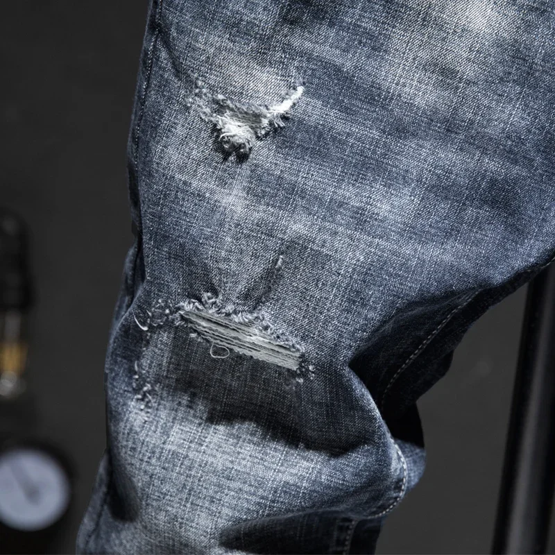 Men's Ripped Jeans Streetwear Personality Trendy Korean Fashion Slim Beggar Holes Denim Pants Stretch Casual Male Trousers 4