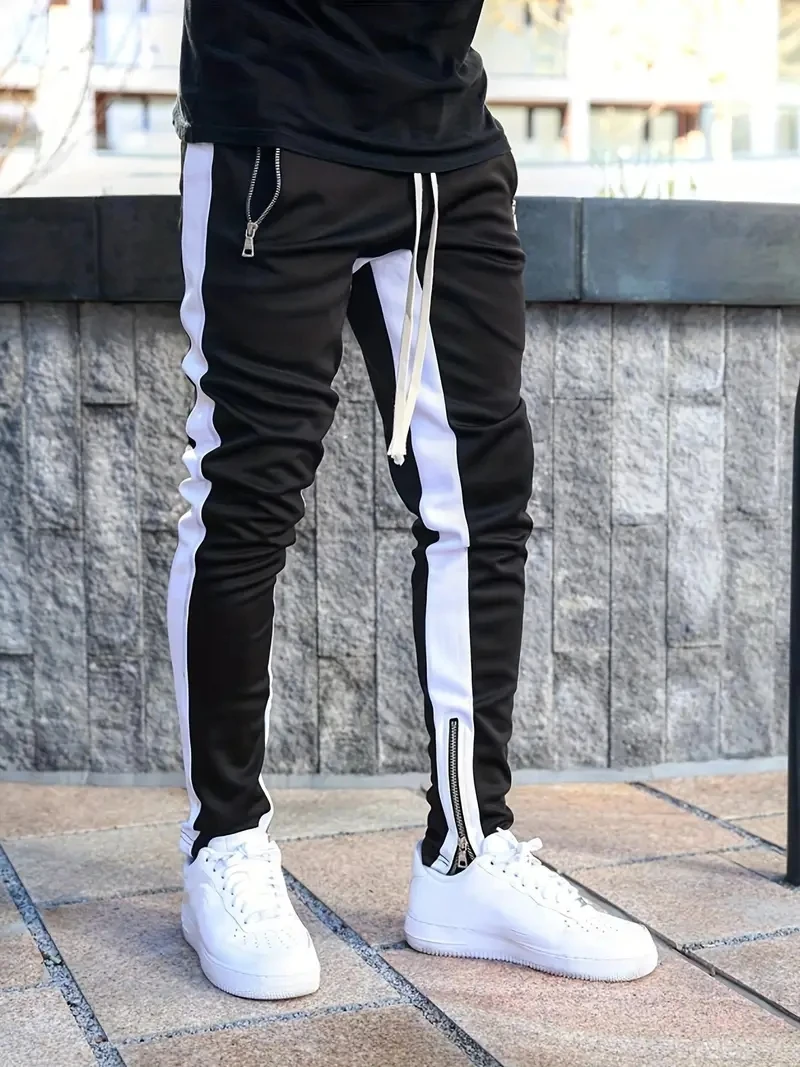 Men Sweatshirts Jogging Pants Men Casual Pants Men Stylish Color Block Zip Pockets Drawstring Sports Skinny Pants Trousers Pants 1