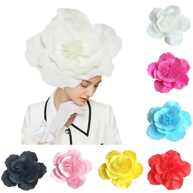 Exaggerated Large Flower Turban Cap Women Tea Party Wedding Flower Cocktail Mesh Feathers Hair Clip Church Ladies Accesorios 4
