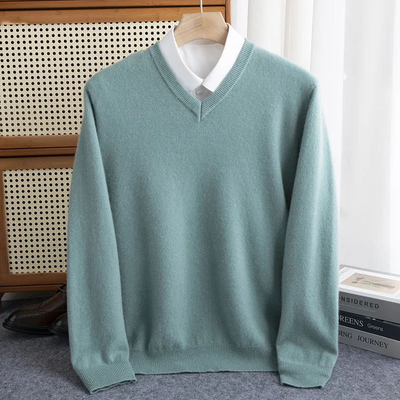 Autumn and Winter New 100 Pure Woolen Sweater Men's V-neck Knitted Pullover Sweater Business Casual Solid Color Wool Shirt