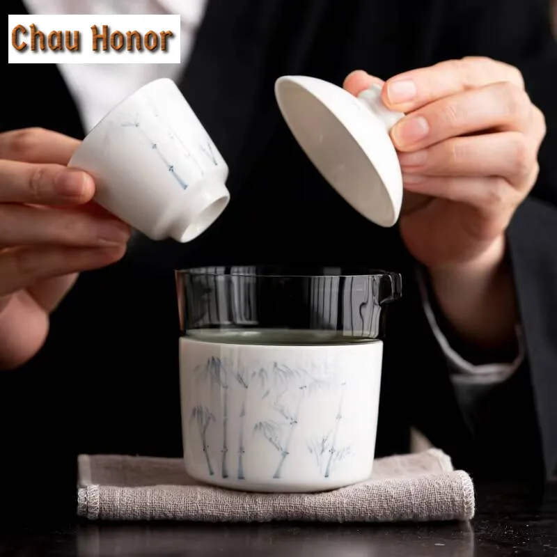 Handdrawn Bamboo Porcelain Tea Set Kit Japanese Tea Tools Set 1 Pot 2 Cups Tea Maker Camping Travel Tea Set Stock Bags Cha Gift