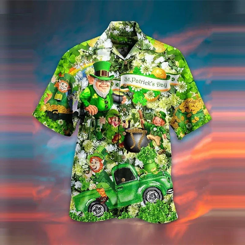 

Men's Shirt Summer Hawaiian Shirt Cartoon Saint Patrick Day St. Patrick's Day Clover Turndown Green Outdoor Street Short Sleeves