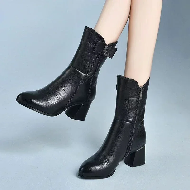 

Женские ботинки на молнии, однотонные ботинки до середины икры с острым носком, на массивном каблуке, осень 2023