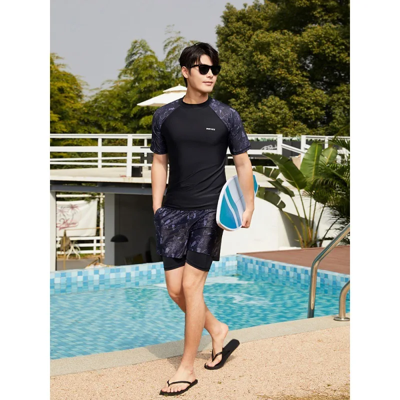 Men's 2pcs/set Rash Guards Short Sleeve Quick-Dry Dive Skin Sun Protection Compression Swim Shirts and Trunks Swimsuit Beachwear
