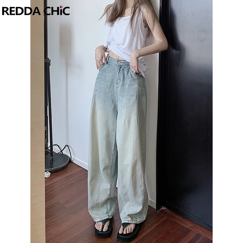 

Джинсы ReddaChic женские с градиентом, длинные брюки из денима в стиле оверсайз, с завышенной талией и широкими штанинами, однотонные винтажные штаны, уличная одежда