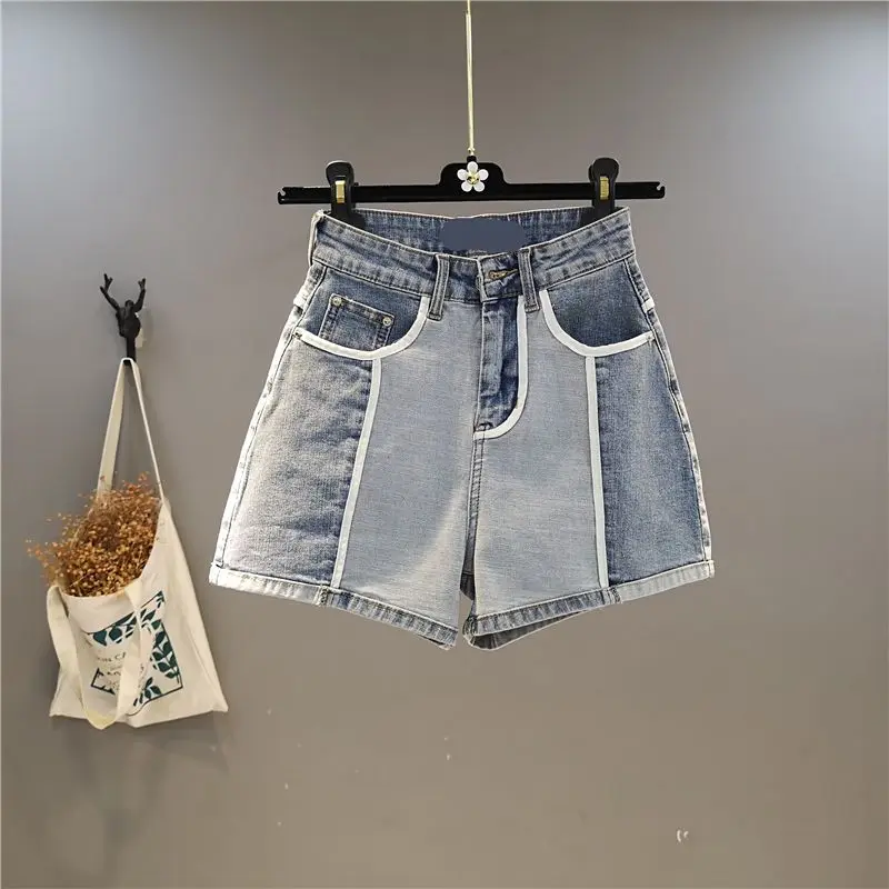 

European Vintage Color Contrast with Elastic High Waisted Wide Shorts Niche Color Contrast Chic Jeans Hot Pants for Women
