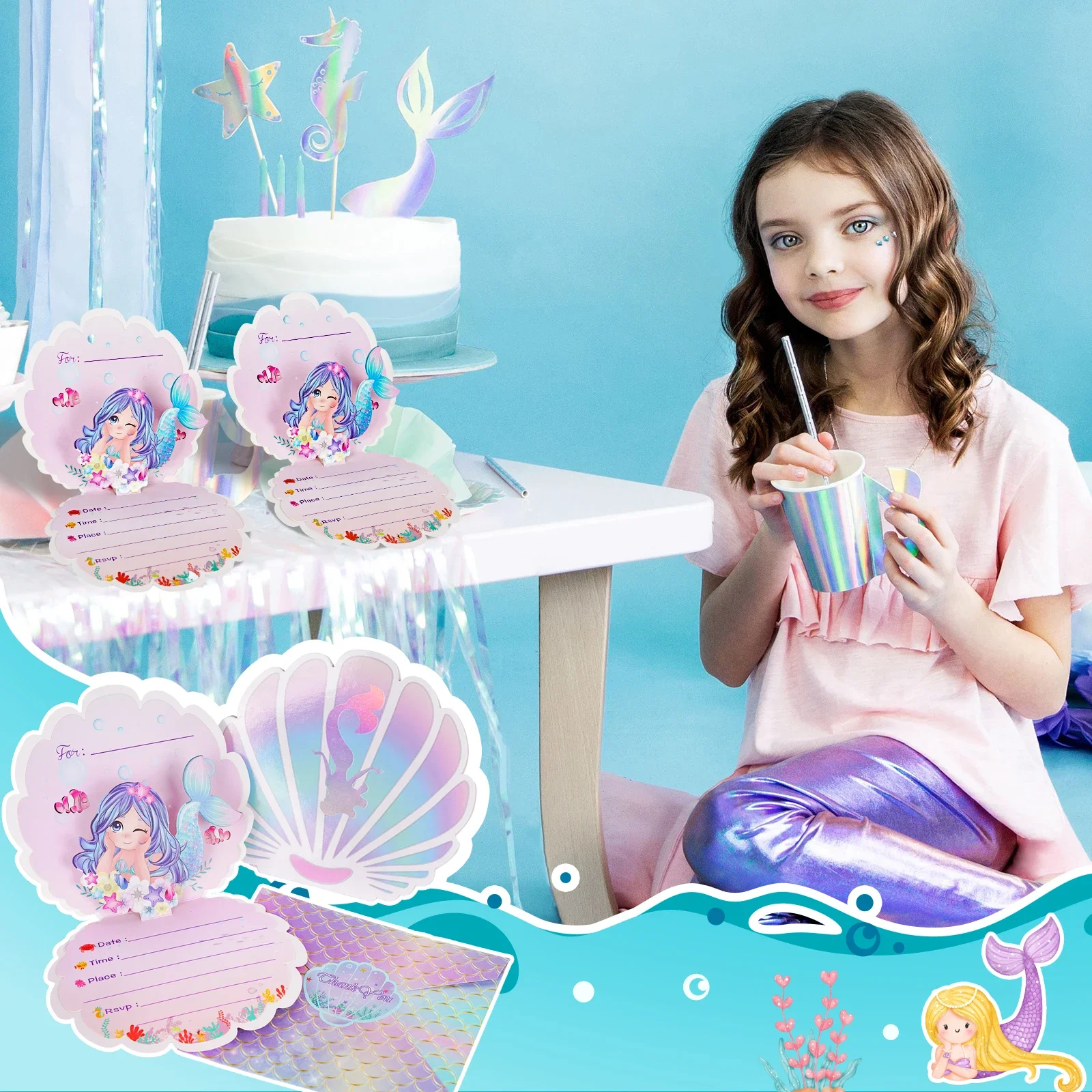 Greeting Cards Mermaid Birthday Invitations 3D Pearlescent