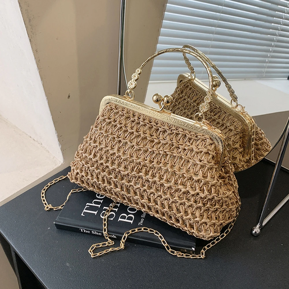 Woven Straw Chain Clutch Bag for Women Summer Party